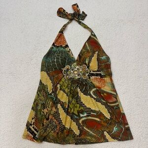 Cache Vintage Y2K Halter Top Snakeskin Print Jewel Embellishments Size Large